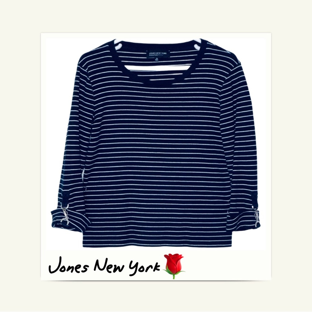 Jones of New York Signature Petite Navy & White Top Size PM